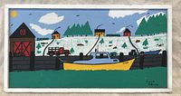 Full view of framed folk art painting showing entire coastal scene