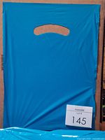 Single teal plastic bag displayed flat to show handle cutout and color