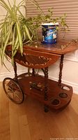 Full view of wooden tea cart with plant on top