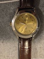 Front view of wristwatch showing gold dial and strap