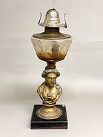 Lamp without chimney showing cast bust base, glass font, burner