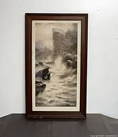 Full view of framed lithograph showing image, mat, and wooden frame