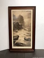Full view of framed lithograph with mat and wood frame