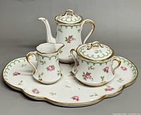 Entire tea set on tray showing pattern and trim