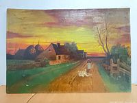 Front view of oil painting showing full rural sunset scene