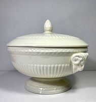 Side view of covered serving bowl showing footed base and handle detail