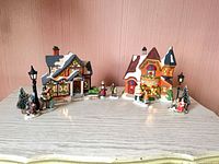 Full view of both buildings, figurines, lamps, trees