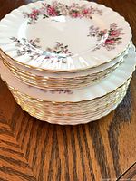Stack of plates showing pattern and gilt rim