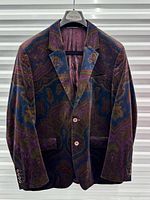 Front view of velvet paisley blazer on hanger