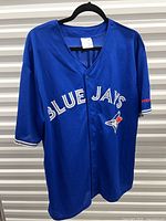 Front view of blue Toronto Blue Jays jersey on hanger showing wordmark and logo