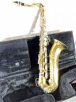 Full view of Bundy tenor saxophone in open hard case