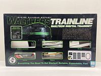 Front of boxed Walthers Trainline Railtech digital train set showing contents overview