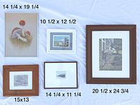 Front view of all five framed artworks with measurements
