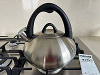 Side view of kettle on stovetop showing body, handle, spout