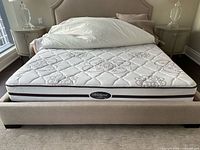 Full view of mattress on bed frame showing quilting pattern and edge label