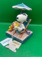 Full view of figurine showing Snoopy, Woodstock, umbrella, base and hang tag