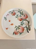 Top view of entire porcelain dish showing peach design