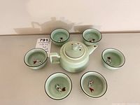 Top view of teapot with lid and six cups