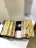 overall view of open tackle box with trays and contents