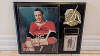 Full view of plaque with signed photo, nameplate, metal hockey relief, and card