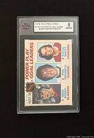 Front view of graded card showing player images, label with grade 8 NMM