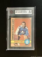 Front of 1972-73 O-Pee-Chee Jacques Plante card in KSA slab showing grade label 6.5