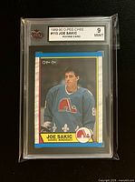 Front of Joe Sakic O-Pee-Chee rookie card in KSA graded slab