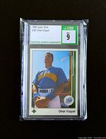 Front of graded Omar Vizquel 1989 Upper Deck rookie card in CSG slab