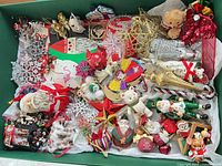 Overview of green box containing assorted ornaments
