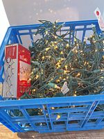 Blue crate filled with tangled clear mini string lights and one boxed set visible