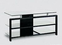 Front angled view of TechCraft HD40B stand showing three glass shelves and black frame