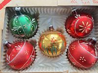 Open box showing five hand-painted glass ornaments in tray