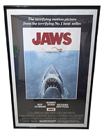 Full view of framed 1975 Jaws one-sheet poster