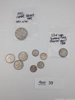 Group shot of all coins with two labeled bags and eight loose coins