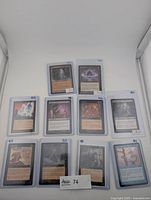 Front view of all 10 sleeved cards