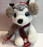 Front view of Duffy husky plush showing face, scarf and overall appearance