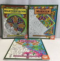Front covers of three MindWare Celtic coloring books: Masterpieces, Mosaics, Flowers