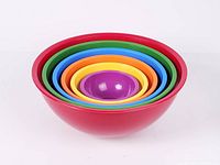 Full nested view of six plastic bowls showing colour sequence