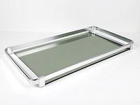 Full view of rectangular steel frame tray with smoked glass insert