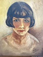 Full view of painting, head and shoulders of woman, date visible