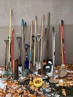 Full lineup of long-handled tools against wall