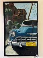 Full view of framed oil painting showing blue vintage car