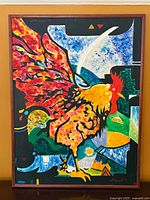 Full view of framed abstract rooster oil painting