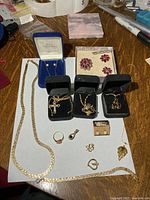 Overview of all jewellery pieces laid out including five necklaces, brooch set, earrings, ring and charms