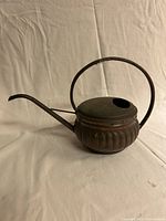 Full view of copper watering can showing body, handle, spout