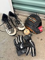 All items together: cleats, glove, baseball, batting gloves