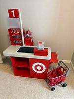 Full view of checkout counter and shopping cart