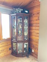 Full view of corner display cabinet showing upper and lower sections