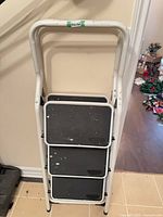 Ladder folded against wall showing full frame and three steps