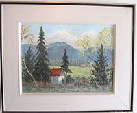 Full view of framed oil on board landscape